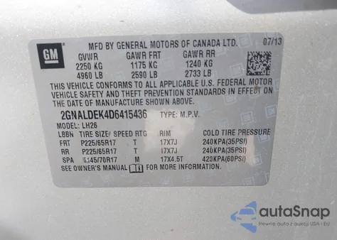 2013 Chevrolet Equinox 1Lt из США, поврежденный, VIN 2GNALDEK4D6415436